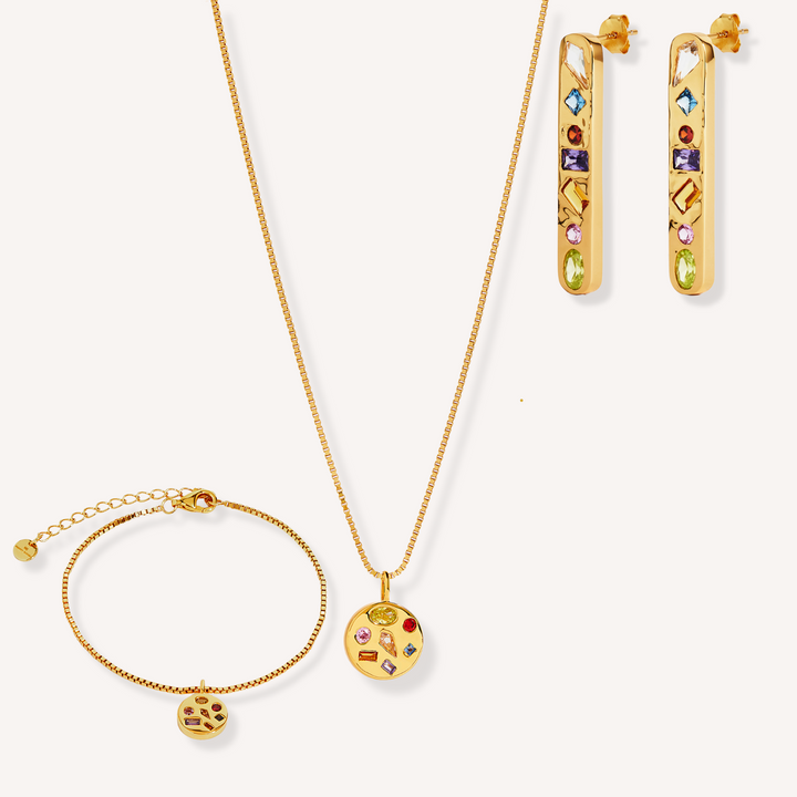 18K gold vermeil Candy Luxe set with colourful zirconia necklace, bracelet, and earrings