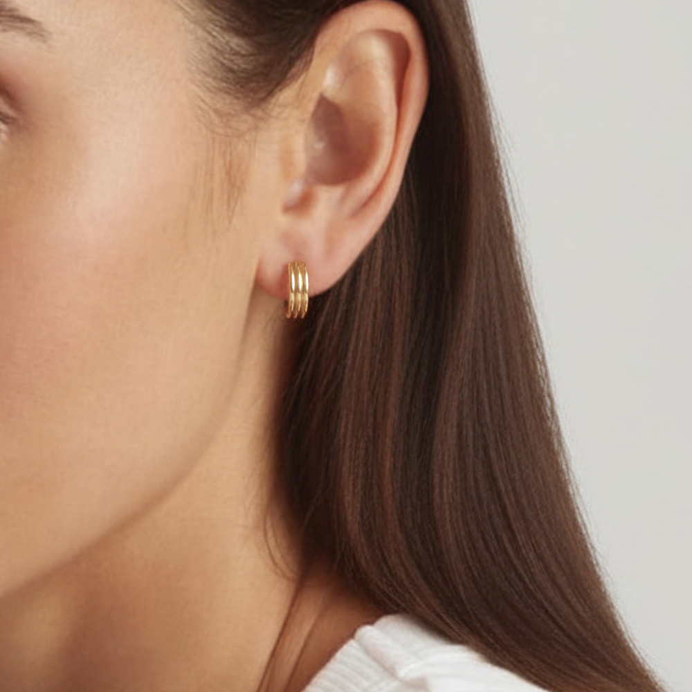 Close-up of 14K Gold Filled Alethea earrings on woman - demi-fine jewellery by Margot Georgia