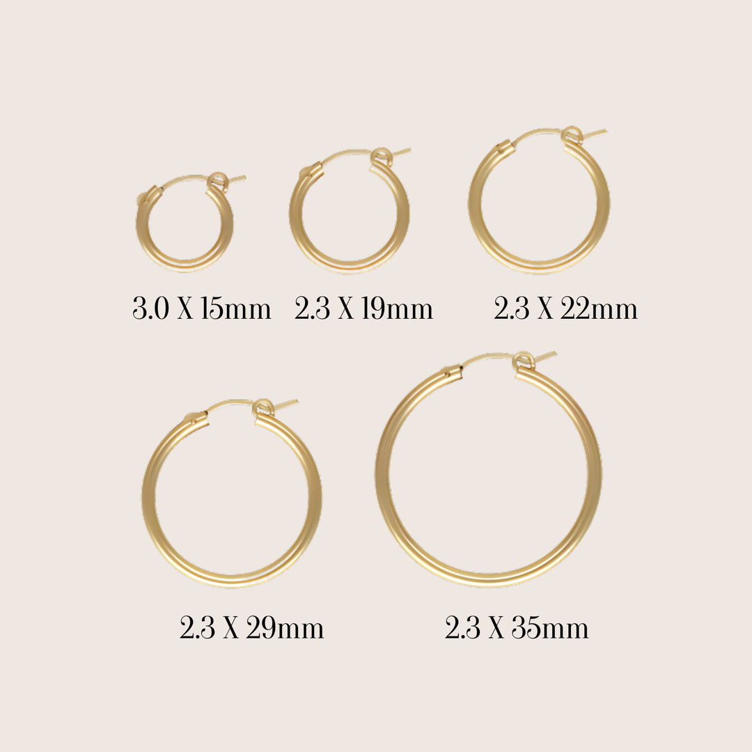 14K Gold Filled Carmela hoop earrings size comparison - demi-fine jewellery by Margot Georgia