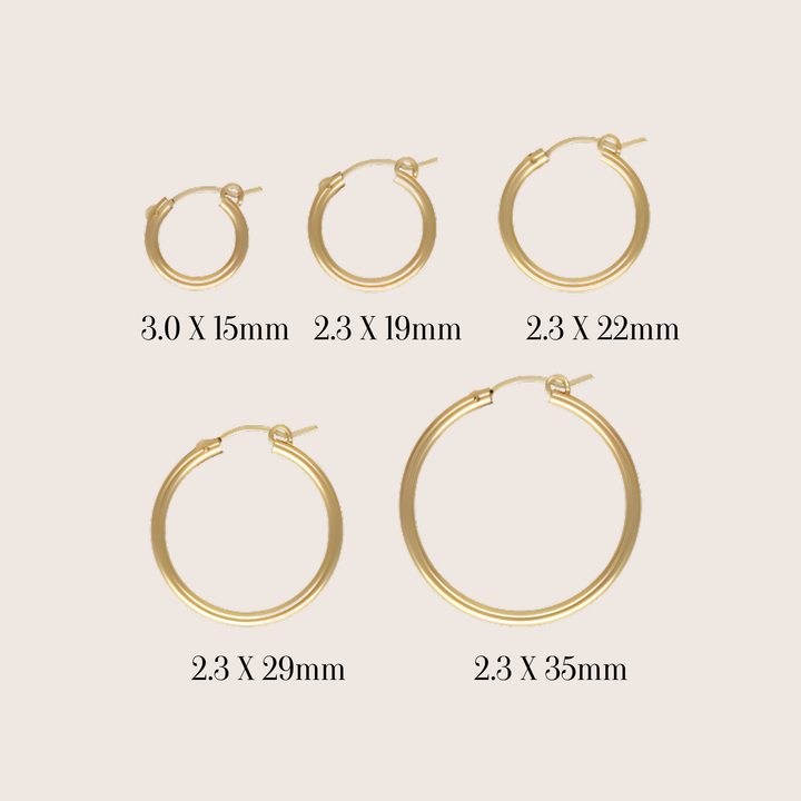 14K Gold Filled Carmela hoop earrings size comparison - demi-fine jewellery by Margot Georgia