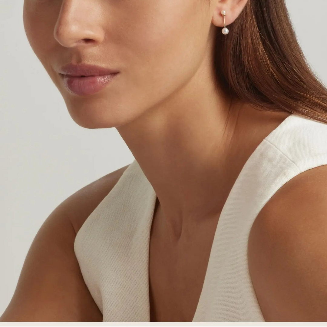 Woman wearing 14K Gold Filled Inci Baton earrings - demi-fine jewellery by Margot Georgia