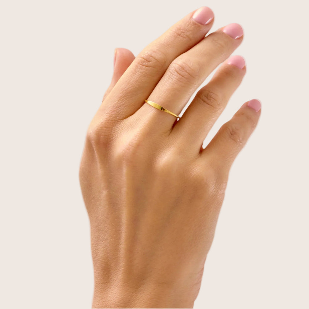 Hand wearing 14K Gold Filled Kelsi stacking ring demi-fine jewellery by Margot Georgia