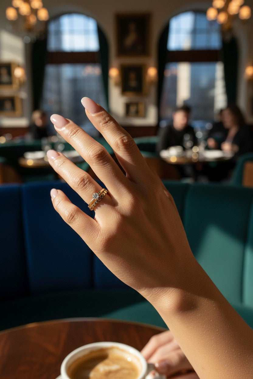 Hand wearing 14K Gold Filled Kyza and Iris stacking rings