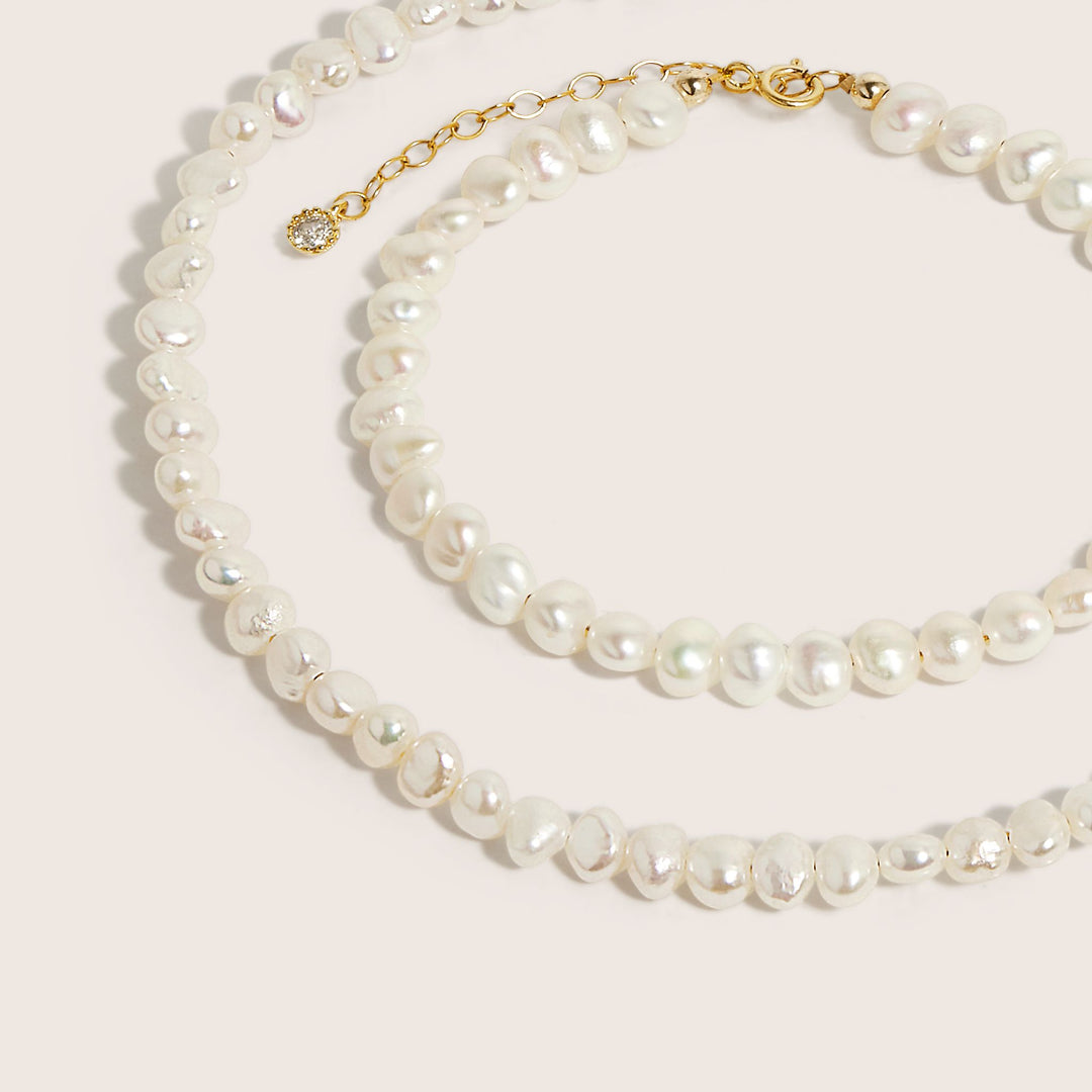 Close-up of 14K Gold Filled Lachelle baroque pearl necklace and bracelet set - demi-fine jewellery by Margot Georgia