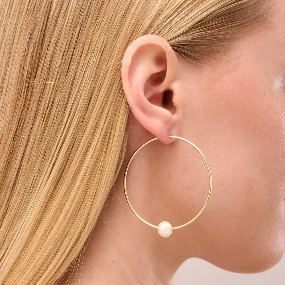 14K Gold Filled Luluah pearl drop earrings on woman close-up