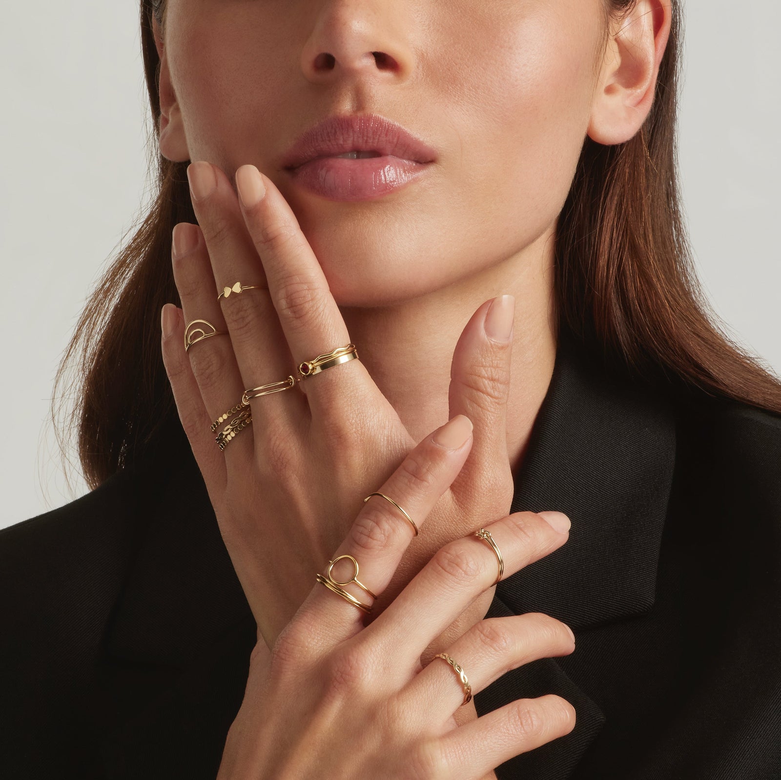 14K Gold Filled slim tacking rings on model - demi-fine jewellery by Margot Georgia