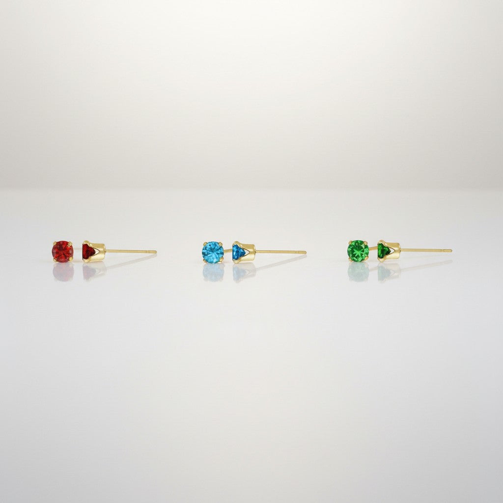 Three 14K Gold Filled Zircon stud earrings in red, aquamarine and emerald
