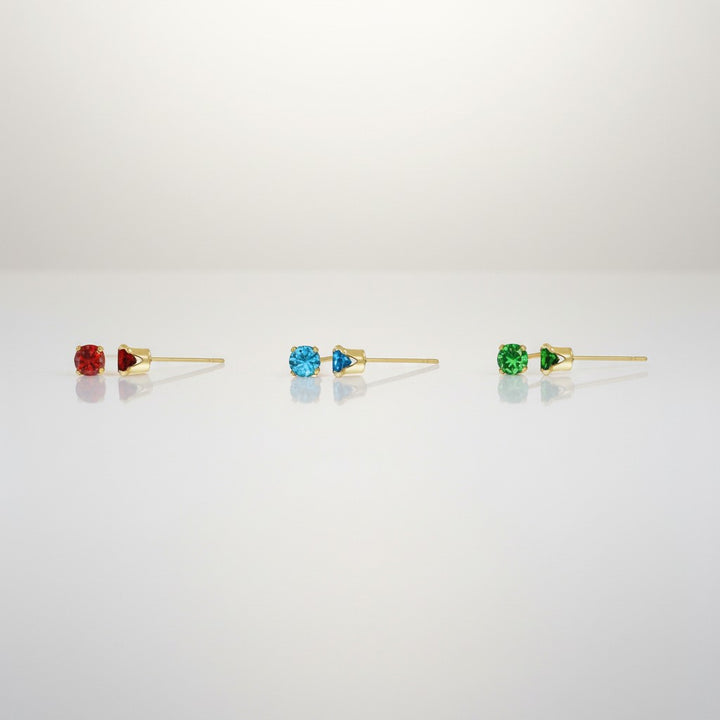 Three 14K Gold Filled Zircon stud earrings in red, aquamarine and emerald