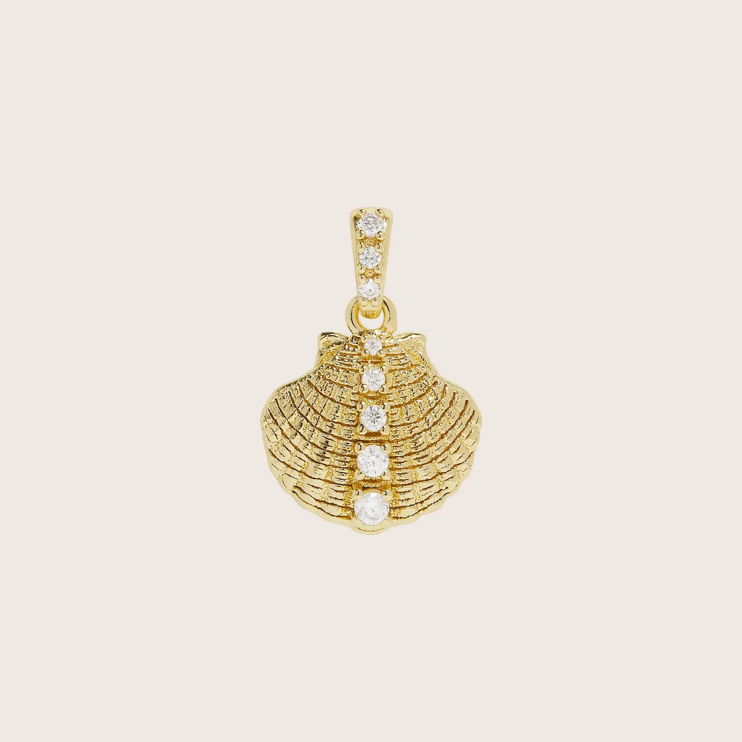 14K Gold Vermeil Oyster Shell or Nerida pendant charm with embedded diamond-like gems - demi-fine jewellery by Margot Georgia