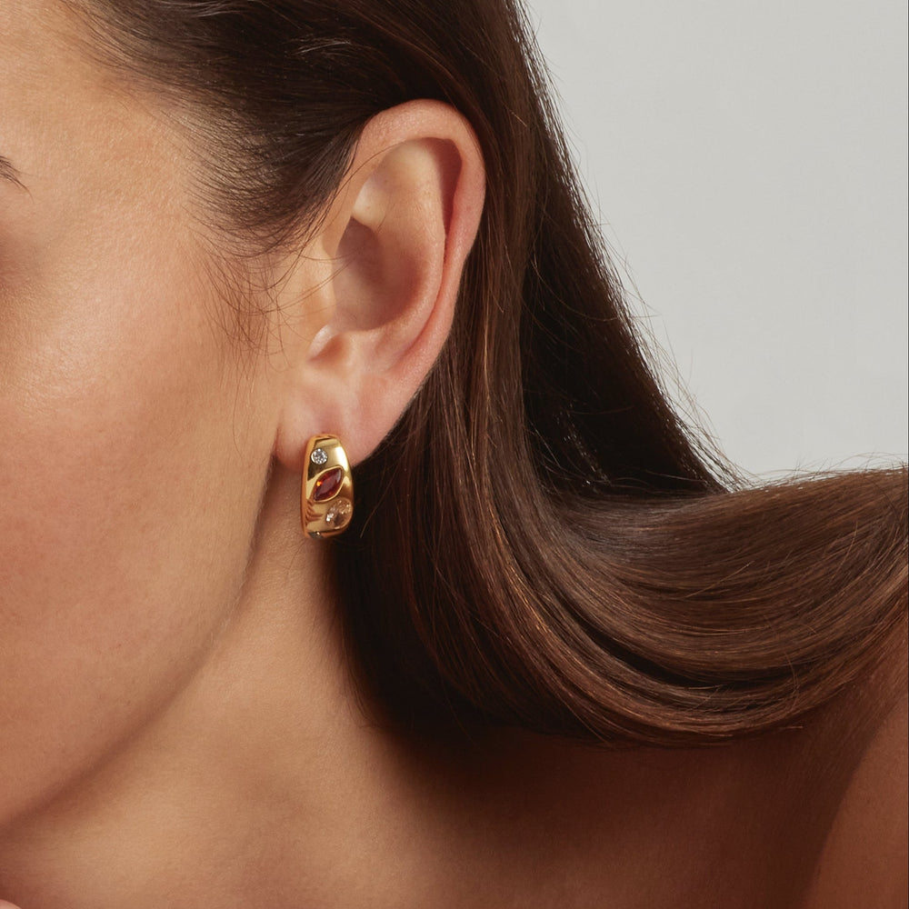 Close-up of model wearing 18K Gold Plated Candy Gem earrings - demi-fine jewellery by Margot Georgia