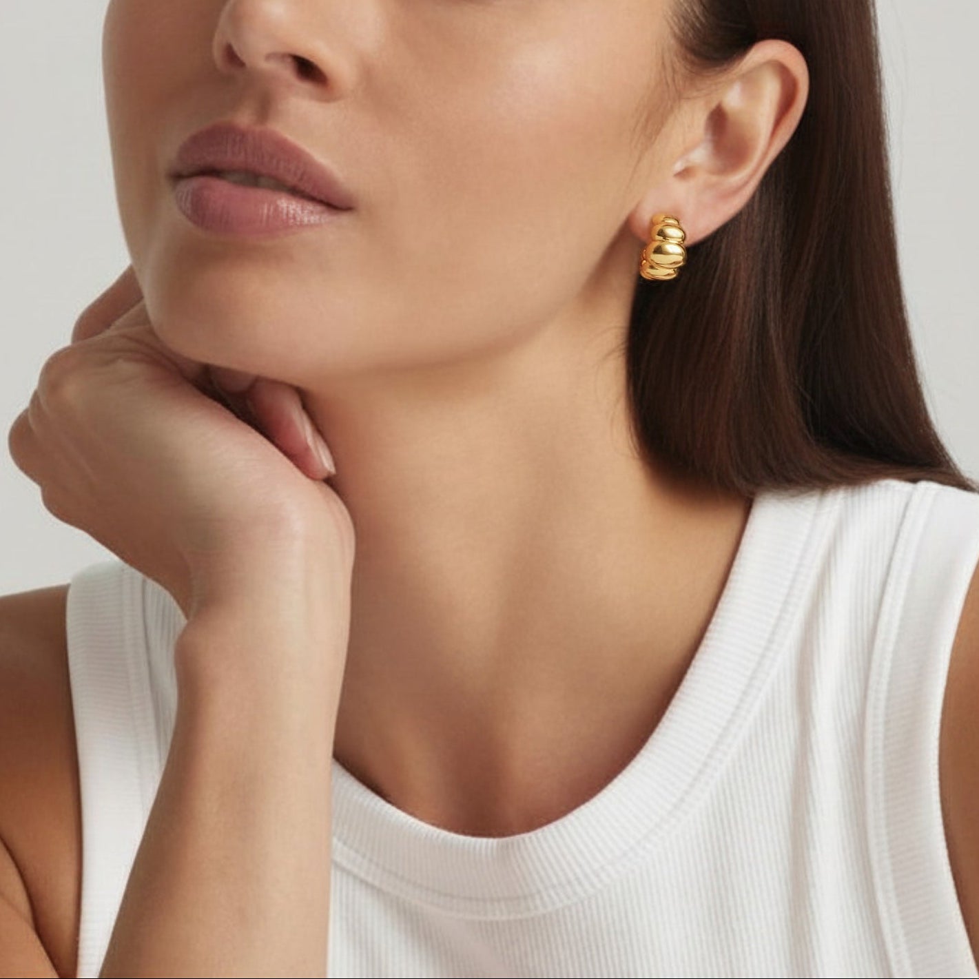 Woman wearing 18K Gold Plated Croissant  Dome drop earrings - demi-fine jewellery by Margot Georgia