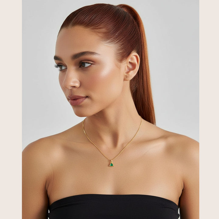 Woman wearing 18K Gold Plated Genessa Trine Birthstone neckace May month - demi-fine jewellery by Margot Georgia