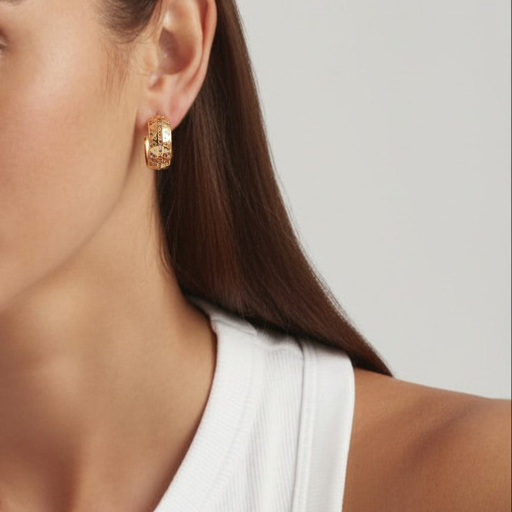18K Gold Plated Grecian earrings with flecked zircon stones on model - demi-fine jewellery by Margot Georgia
