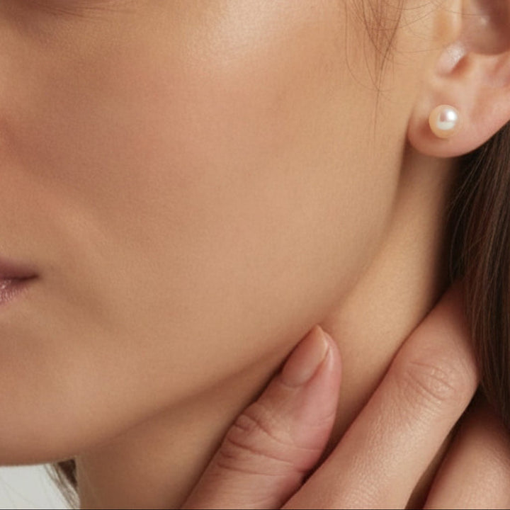 Close-up of an ear showcasing 925 Sterling Silver Lula pearl stud earrings in light pink - demi-fine jewellery by Margot Georgia