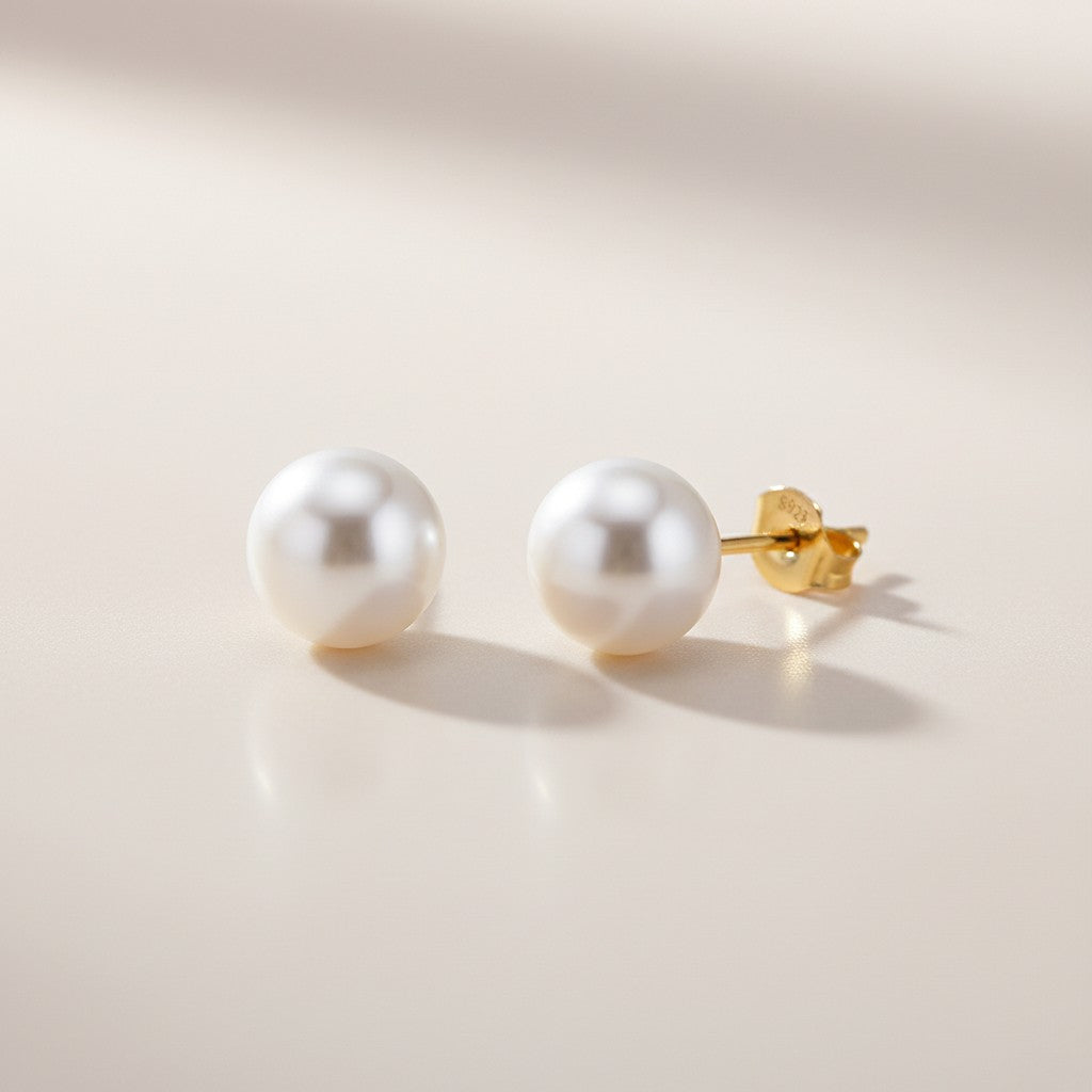 Pair of 18K Gold Plate Lula pearl stud earrings in white - demi-fine jewellery by Margot Georgia