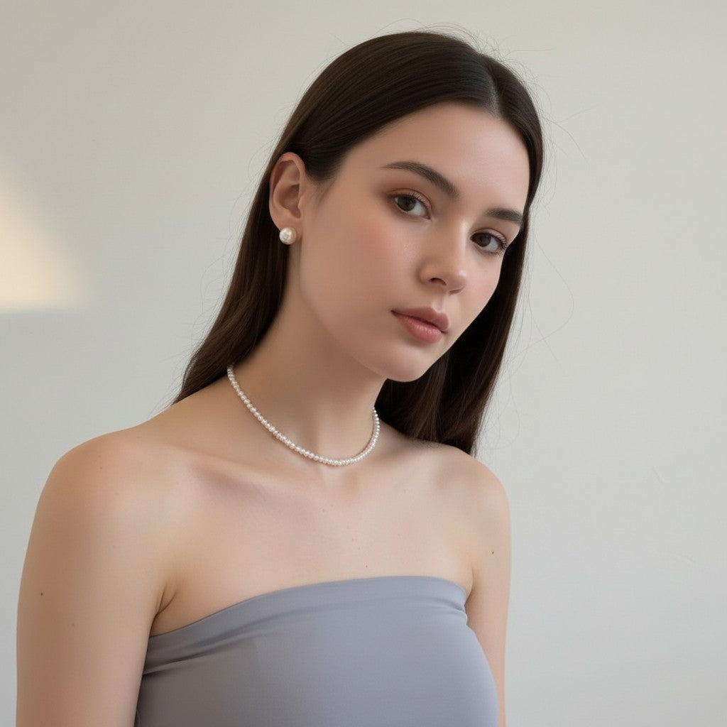 Model wearing 18K Gold Plated Selena Oversized Freshwater pearl studs - demi-fine jewellery by Margot Georgia