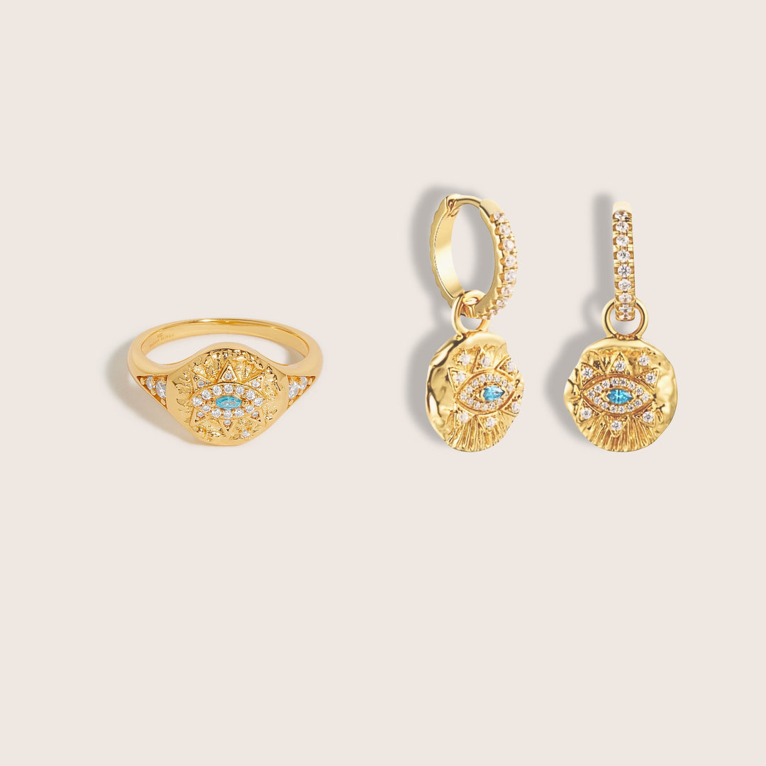 18K Gold Plated Vintage Evil Eye ring and hoop earrings set - demi-fine jewellery by Margot Georgia