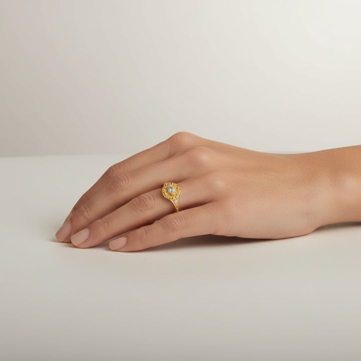 Close-up of woman's hand wearing 18K Gold Plated Vintage Evil Eye ring - demi-fine jewellery by Margot Georgia