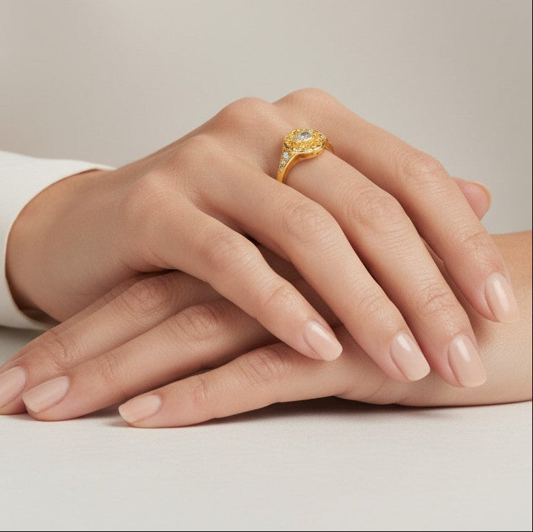 Close-up of woman wearing 18K Gold Plated Vintage Evil Eye ring - demi-fine jewellery by Margot Georgia