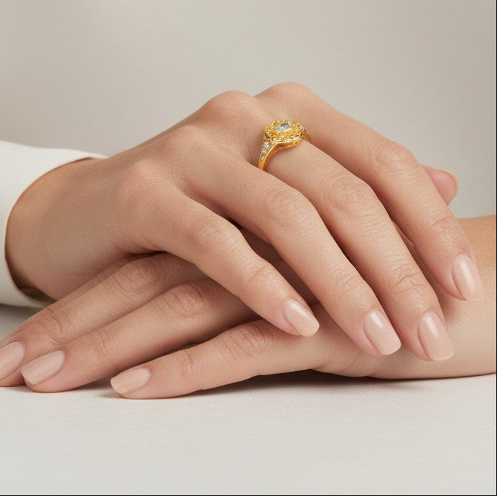 Close-up of woman wearing 18K Gold Plated Vintage Evil Eye ring - demi-fine jewellery by Margot Georgia