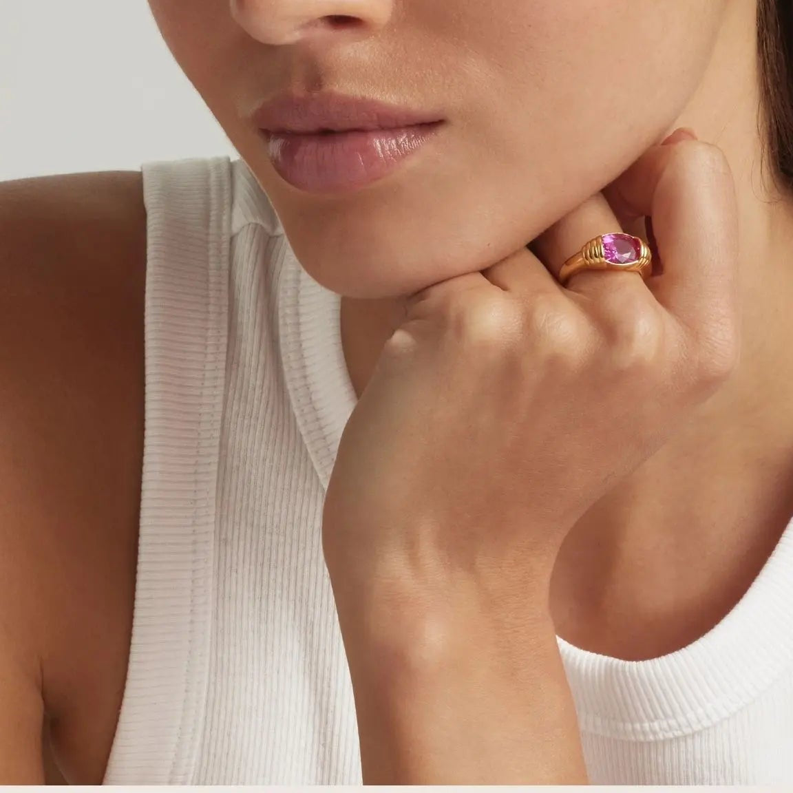18K Gold Vermeil Akula uchsia Flame gemstone statement ring on hand