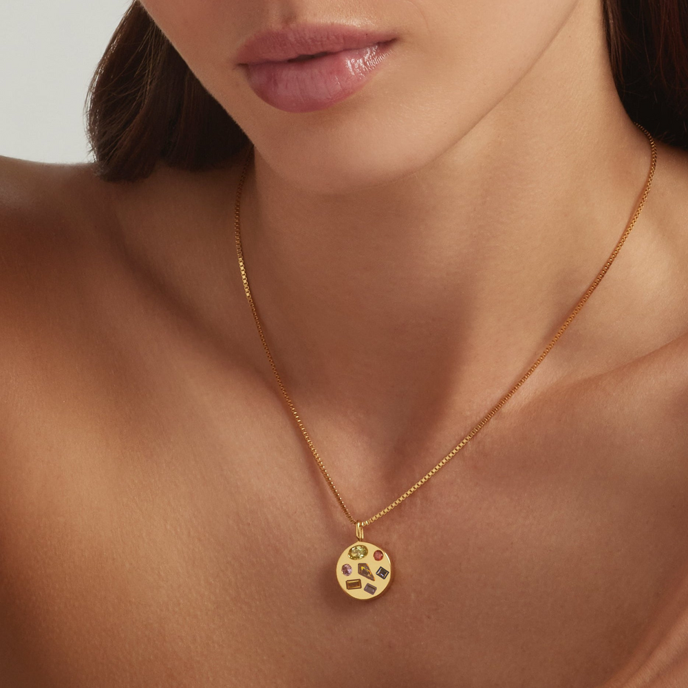 Close-up of a model wearing 18K Gold Vermeil Candy Luxe pendant necklace - demi-fine jewellery by Margot Georgia