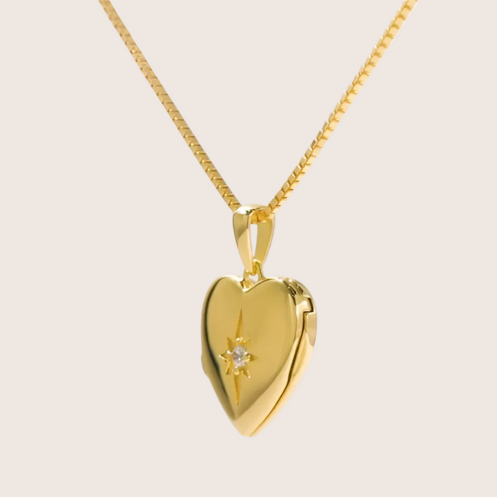 18K Gold Vermeil heart-shaped locket with a diamond-like star pendant necklace - demi-fine jewellery by Margot Georgia