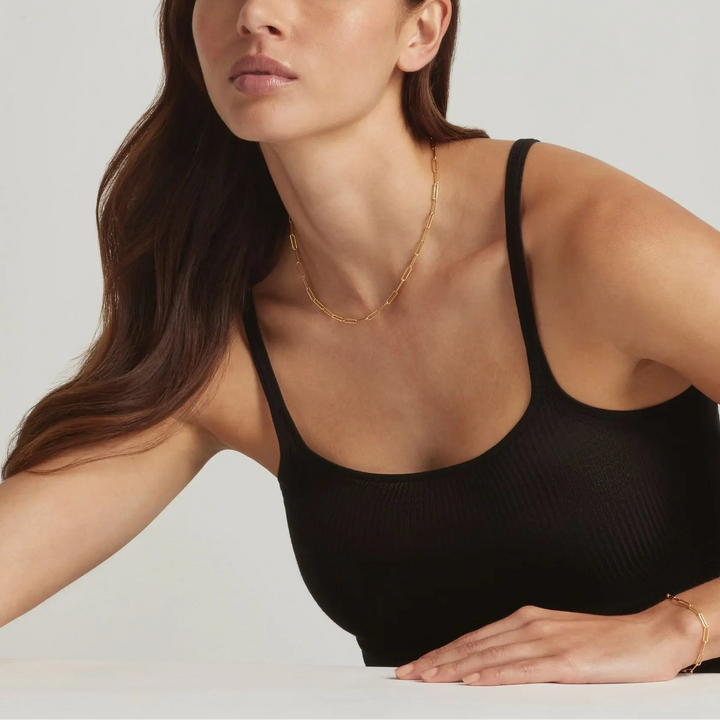 18K Gold Vermeil Rebekka paperclip necklace and bracelet set on model - demi-fine jewellery by Margot Georgia