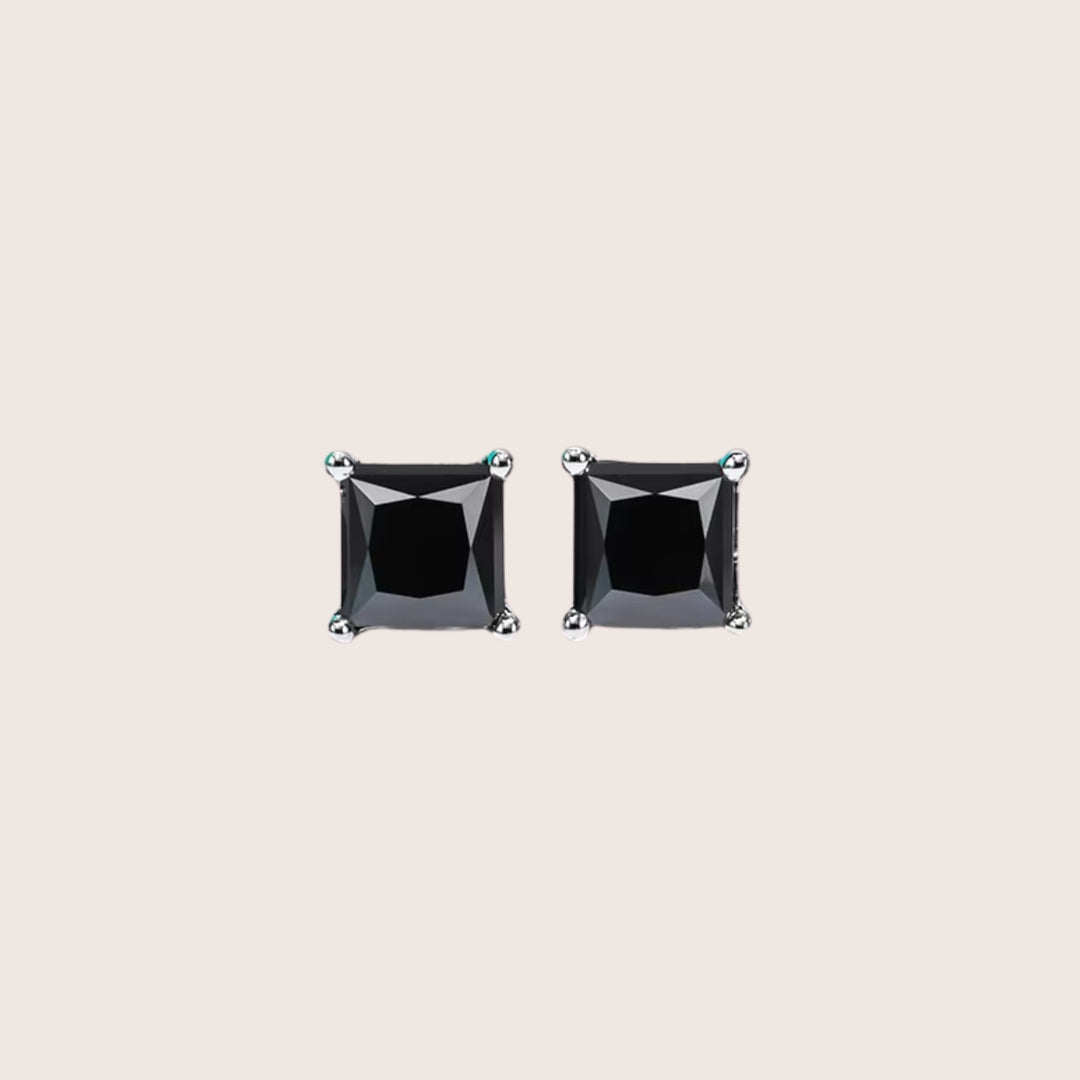 Front view of 18K White Gold Diamante Moissanite stud earrings in black size 2 CTTW