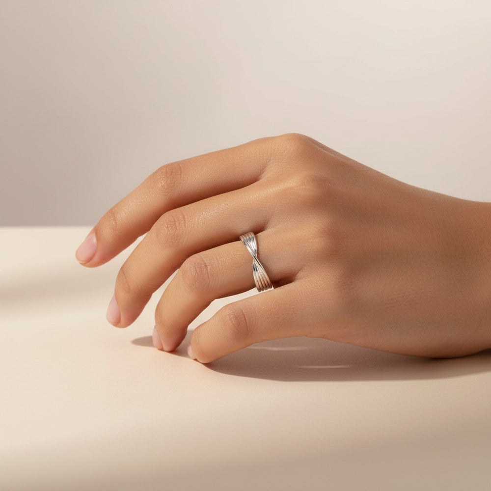 Hand wearing 925 Sterling Silver Sylvie ring - demi-fine jewellery by Margot Georgia