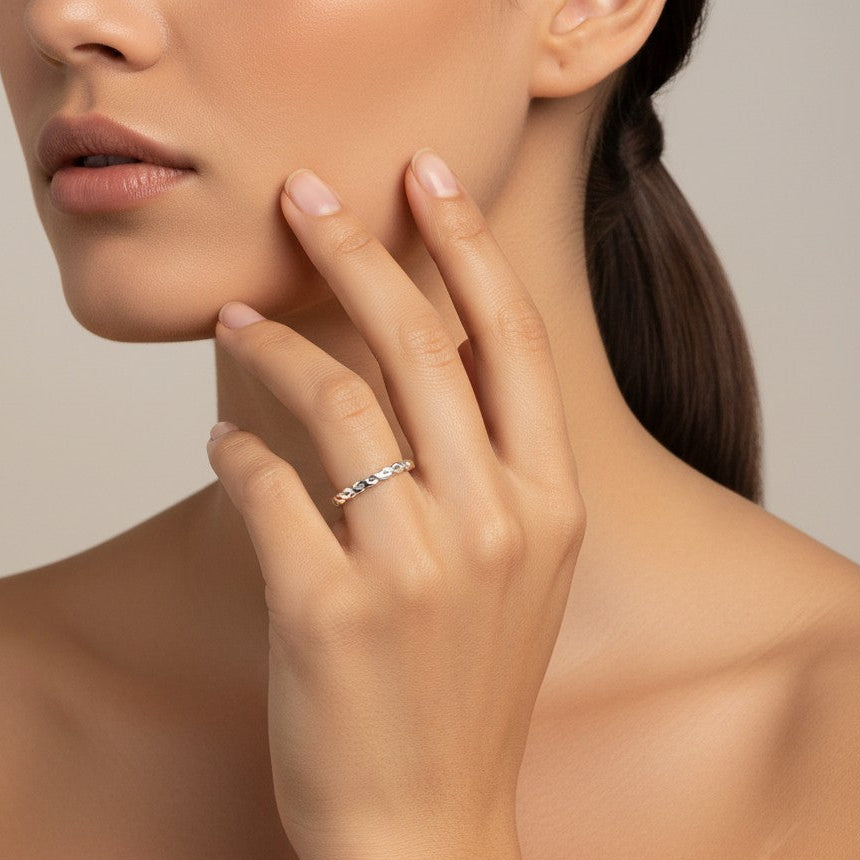 Woman wearing 925 Sterling Silver Callie ring - demi-fine jewellery by Margot Georgia