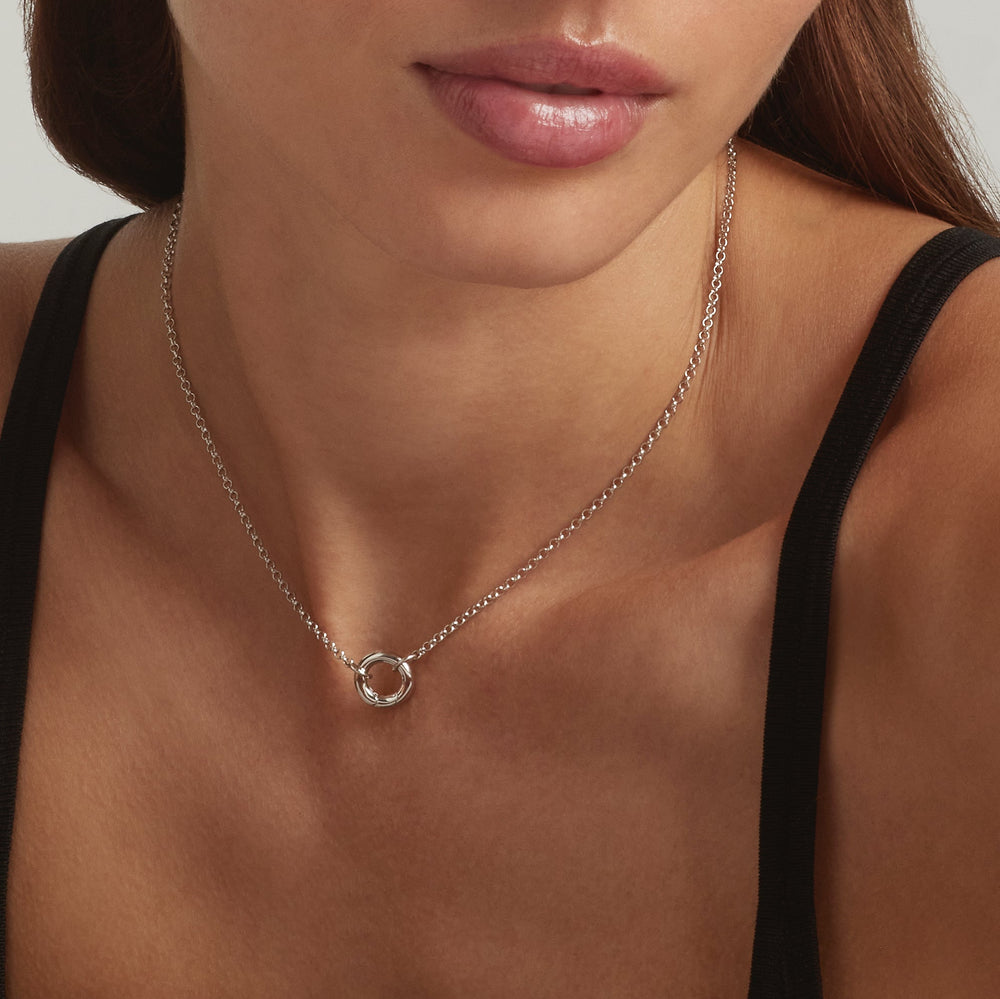 Close-up of a woman wearing 925 Sterling Silver Odelia CharmEdit necklace - demi-fine jewellery by Margot Georgia