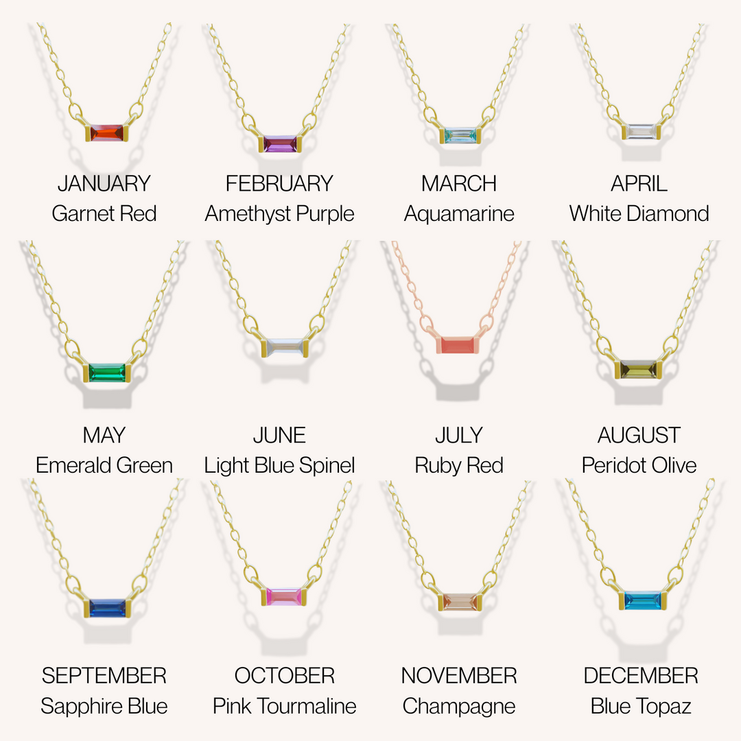 Necklaces with gemstones corresponding to each month, displayed against a white background.