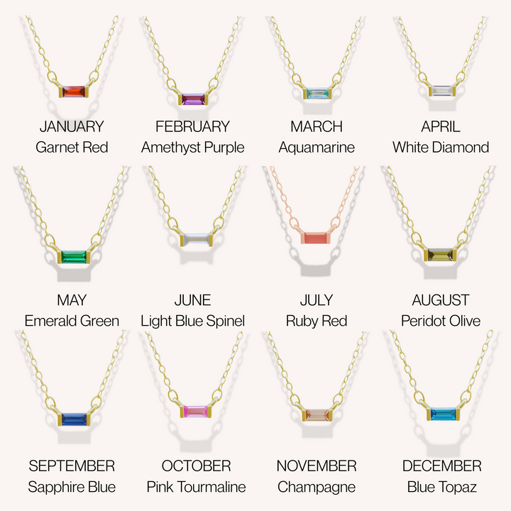 Necklaces with gemstones corresponding to each month, displayed against a white background.