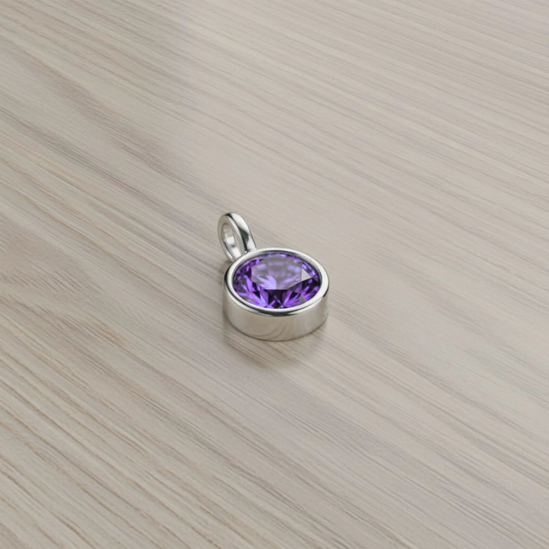 February Amethyst Birthstone Charm – Rhodium Plated over Sterling Silver