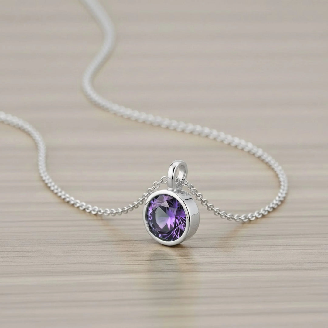 February Amethyst Birthstone Charm – Rhodium Plated over Sterling Silver