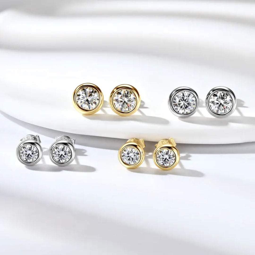 Tamako Moissanite stud earrings in gold and silver, large and small - demi-fine jewellery by Margot Georgia